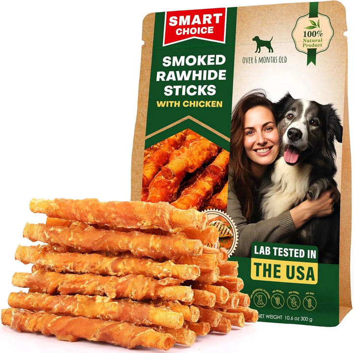 Dog Treats Rawhide Sticks Wrapped with Chicken 11 Oz Pet Natural Chew Treats - Grain Free Meat & Human Grade Dried Snacks - Best for Small & Large Dogs (10.6 Ounce (Pack of 1), Smoked Chicken)