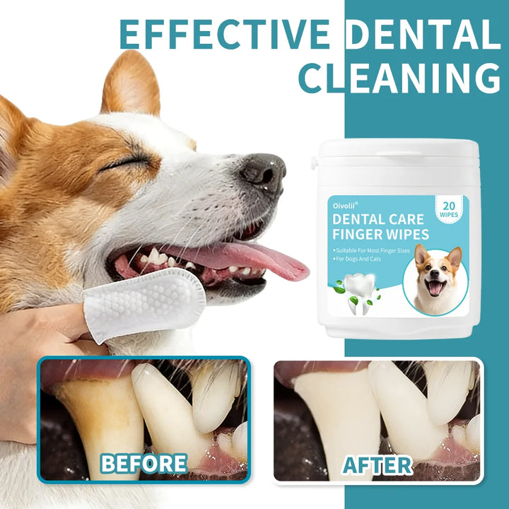 Pet Dental Finger Wipes for Dogs Cats Teeth & Gum Care Stain & Tartar Control Fresh Breath No-Rinse Disposable Oral Care