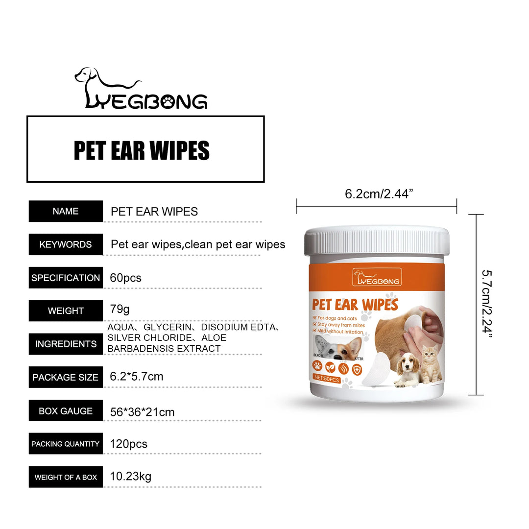  Pet Ear Wipes for Dogs Cats Cleaning Remove Ear Mites Wax Odor Aloe Vera Gentle Anti Itch Non Irritating Ear Care Grooming