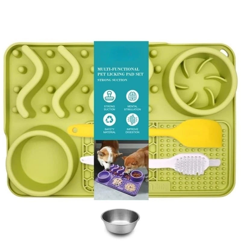 Slow Feeder Mat for Pets - Non-Toxic Silicone (Turquoise) Upgraded Anxiety and Boredom Relief Tool with Aluminum Bowl,17x11x2 in