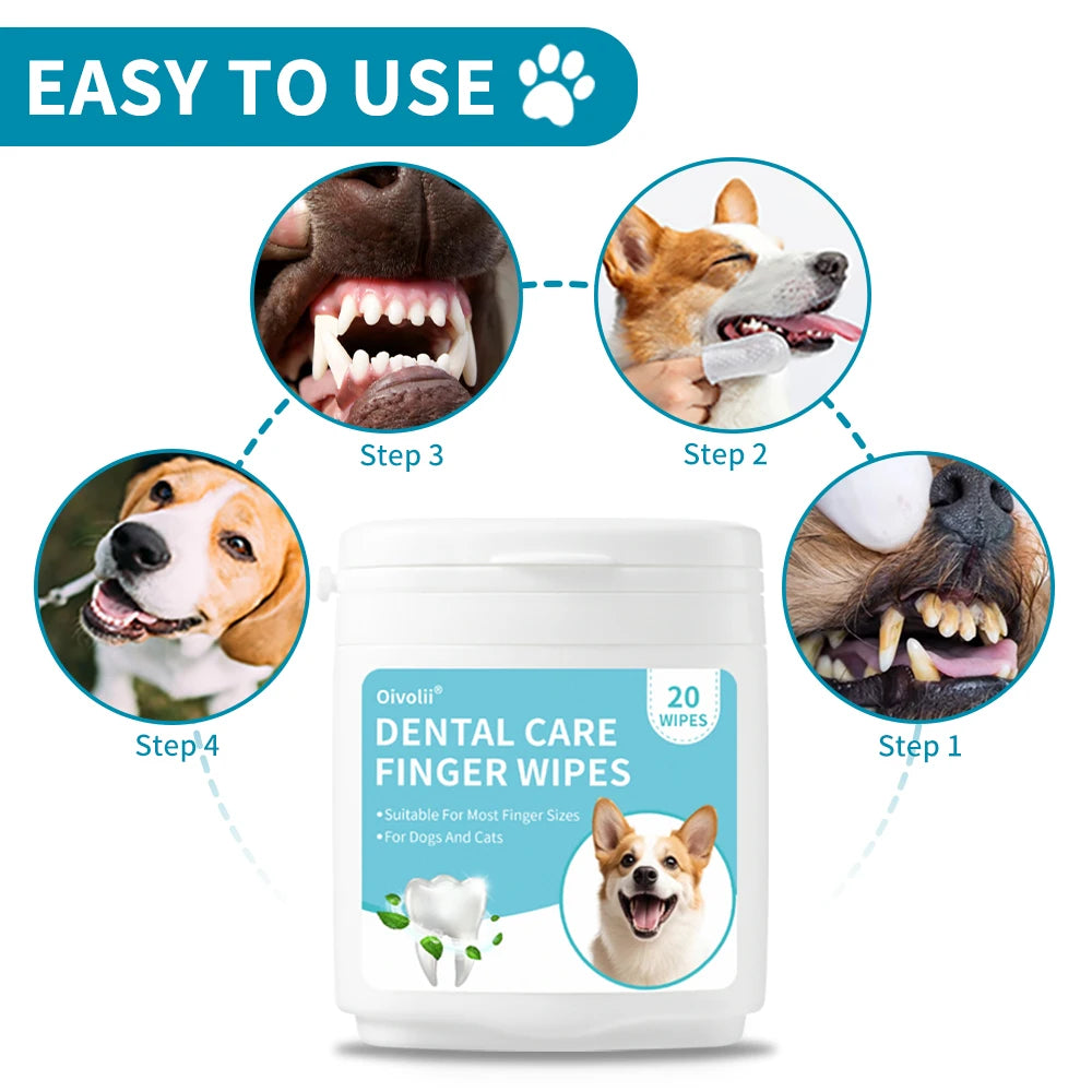 Pet Dental Finger Wipes for Dogs Cats Teeth & Gum Care Stain & Tartar Control Fresh Breath No-Rinse Disposable Oral Care
