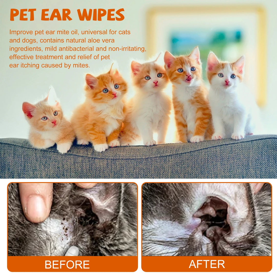  Pet Ear Wipes for Dogs Cats Cleaning Remove Ear Mites Wax Odor Aloe Vera Gentle Anti Itch Non Irritating Ear Care Grooming