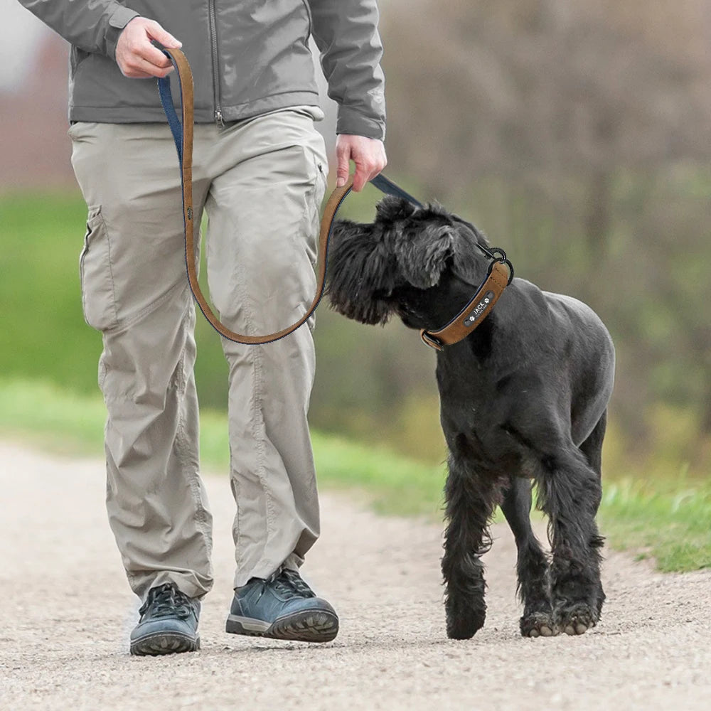 Leather Dog Collar Leash Custom Durable Leather Pet Collars and Leashes Walking Leads Strap Cusomized for Small Medium Large Dog